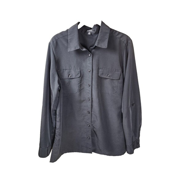 Elementz Womens M Black Roll Tab Sleeve Button Up Collared Shirt Blouse Utility - Picture 1 of 5